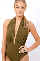Khaki plunge Halterneck Bodysuit - Lona-Bodysuits