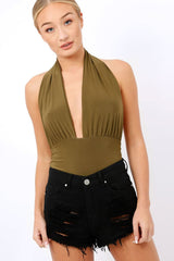 Khaki plunge Halterneck Bodysuit - Lona-Bodysuits