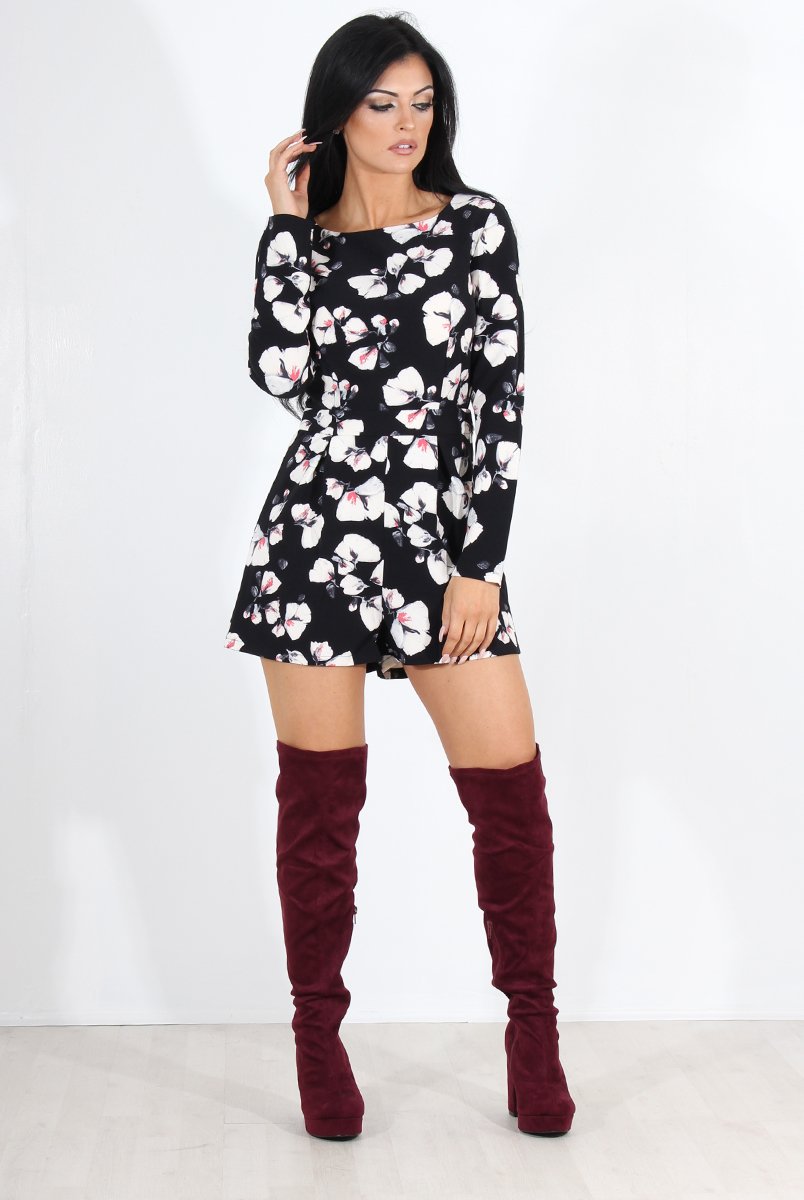 Khloe Blue Floral Long Sleeved Playsuit-Playsuits