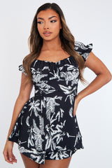 Black White Leaf Print Bardot Playsuit - Parisa