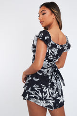 Black White Leaf Print Bardot Playsuit - Parisa