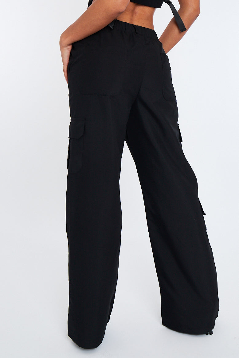 Black High Waist Pocket Cargo Trousers - Raine