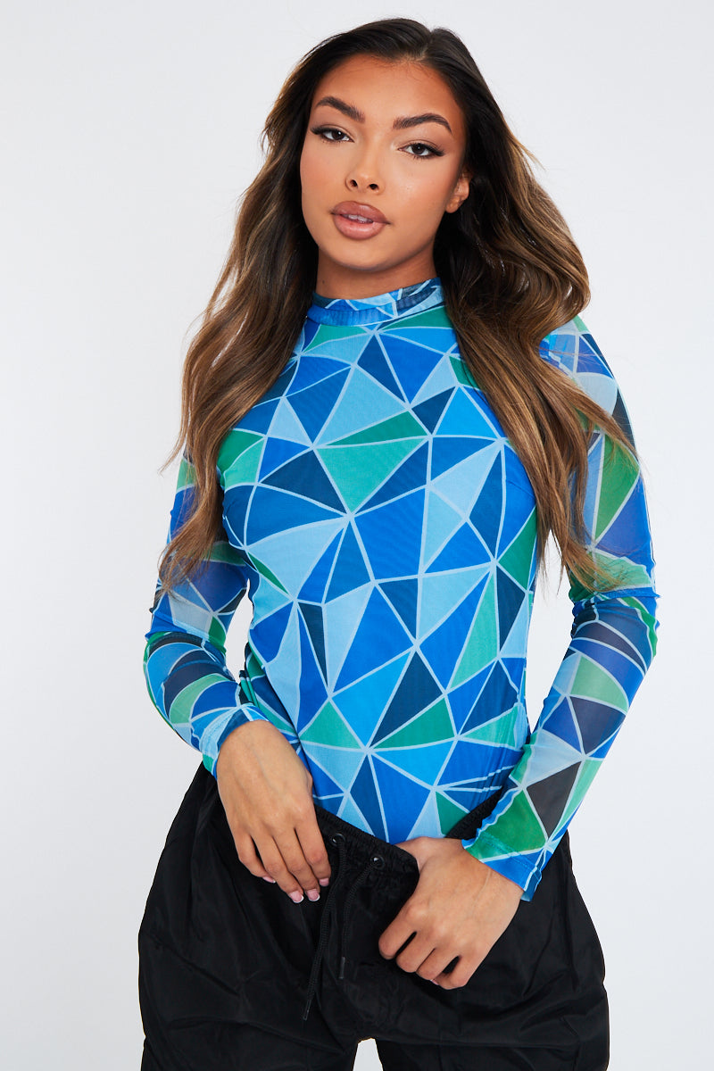 Blue Geometric Pattern Mesh Bodysuit - Bee