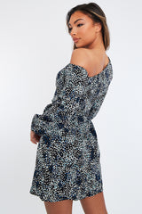 Black Blue Leopard Print Asymmetric Tie Waist Mini Dress - Vera