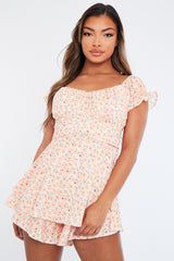 Orange Floral Print Frill Playsuit - Palmira