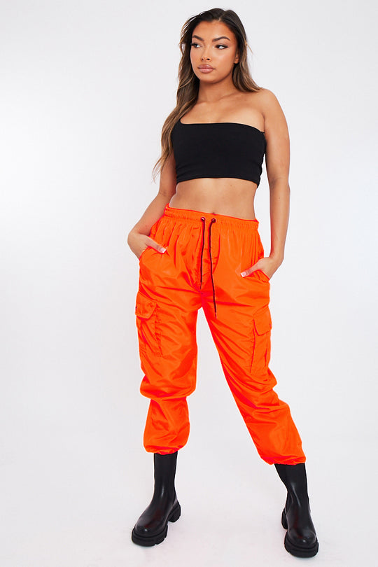 Neon Orange Hem Shell Cargo Joggers - Iris