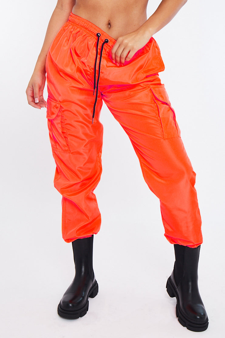 Neon Orange Hem Shell Cargo Joggers - Iris