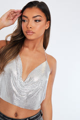 Silver Cowl Neck Chainmail Crop Top - Cher