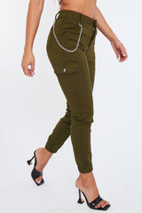 Khaki Chain Detail Stretch Cargo Trousers - Nellie
