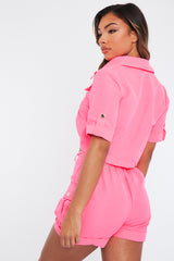 Neon Pink Button Front Utility Shirt & Shorts - Galia