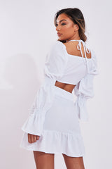 White Shirred Sleeve Crop Top & Ruched Mini Skirt Set - Ariana