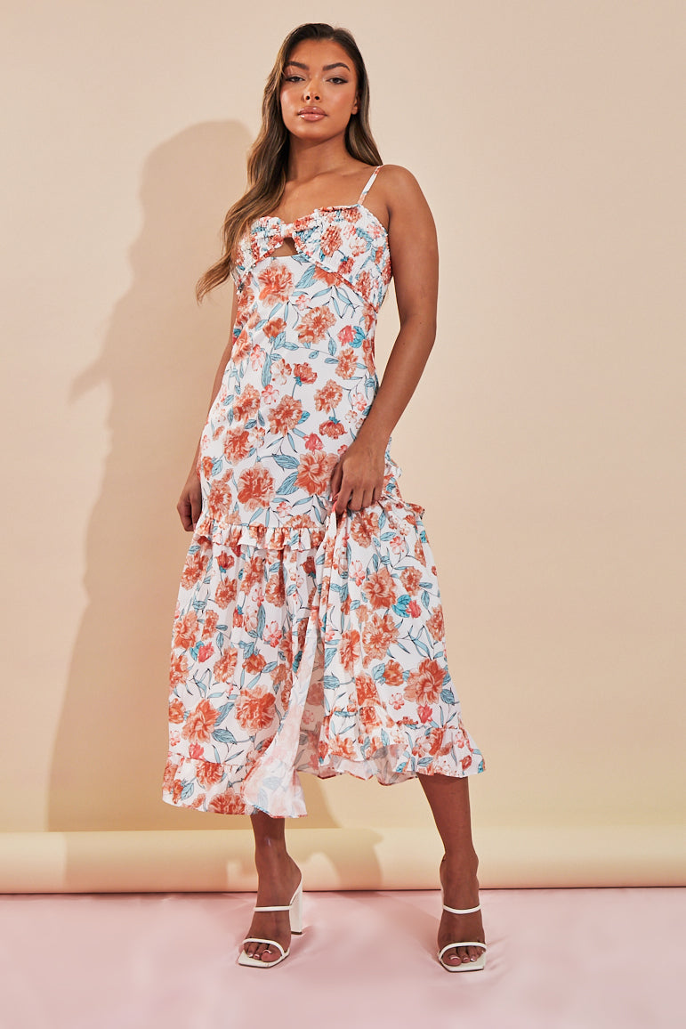 Orange Floral Print Shirred Bust Midi Dress - Renita
