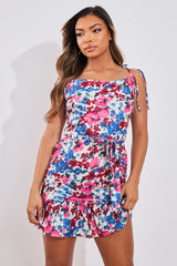 Pink Floral Cowl Neck Tie Waist Mini Dress - Viola