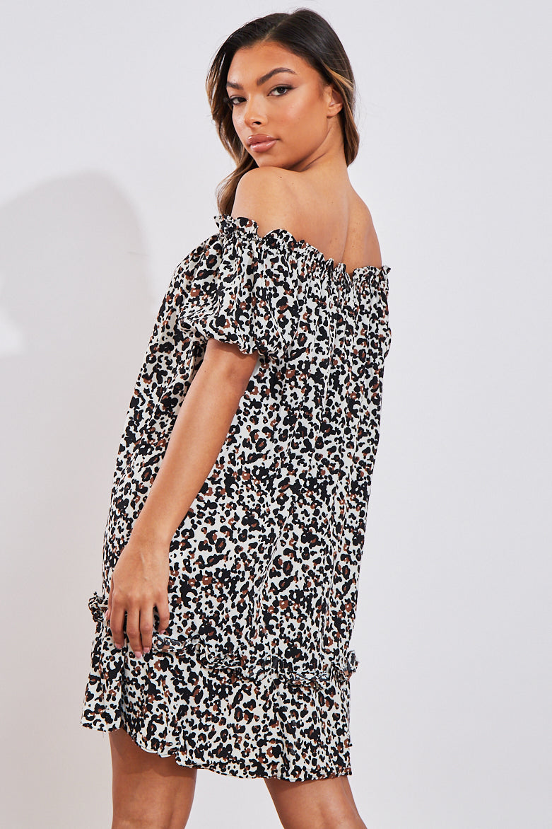 White Leopard Print Bardot Smock Dress - Rebecca