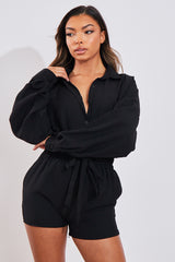 Black Linen Look Shirt & Shorts Set - Aurelia