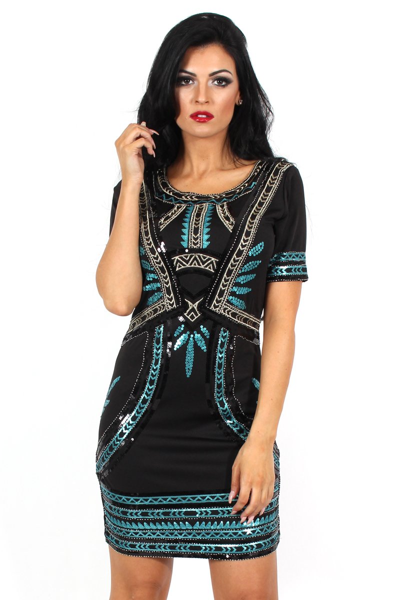 Kimi Black Sequin Short Sleeve Dress-Dresses