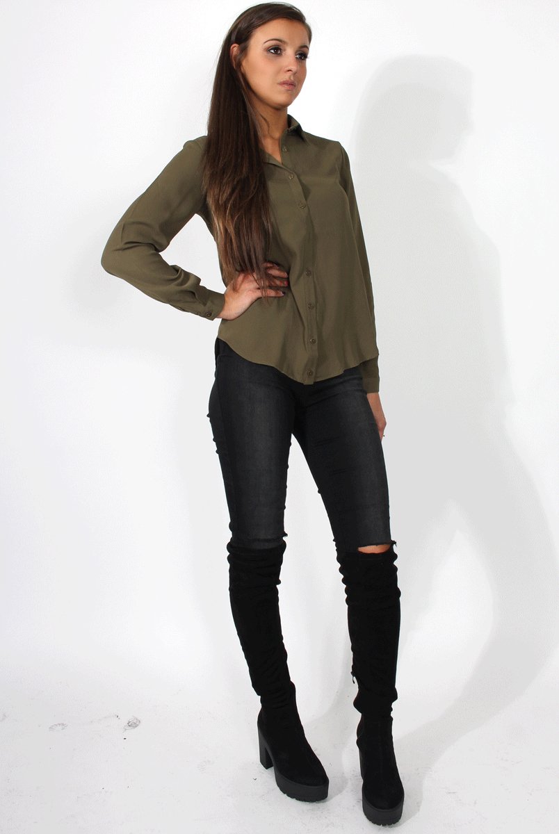 Kira Khaki Tie Back Shirt-Shirts
