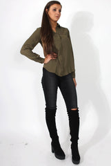 Kira Khaki Tie Back Shirt-Shirts