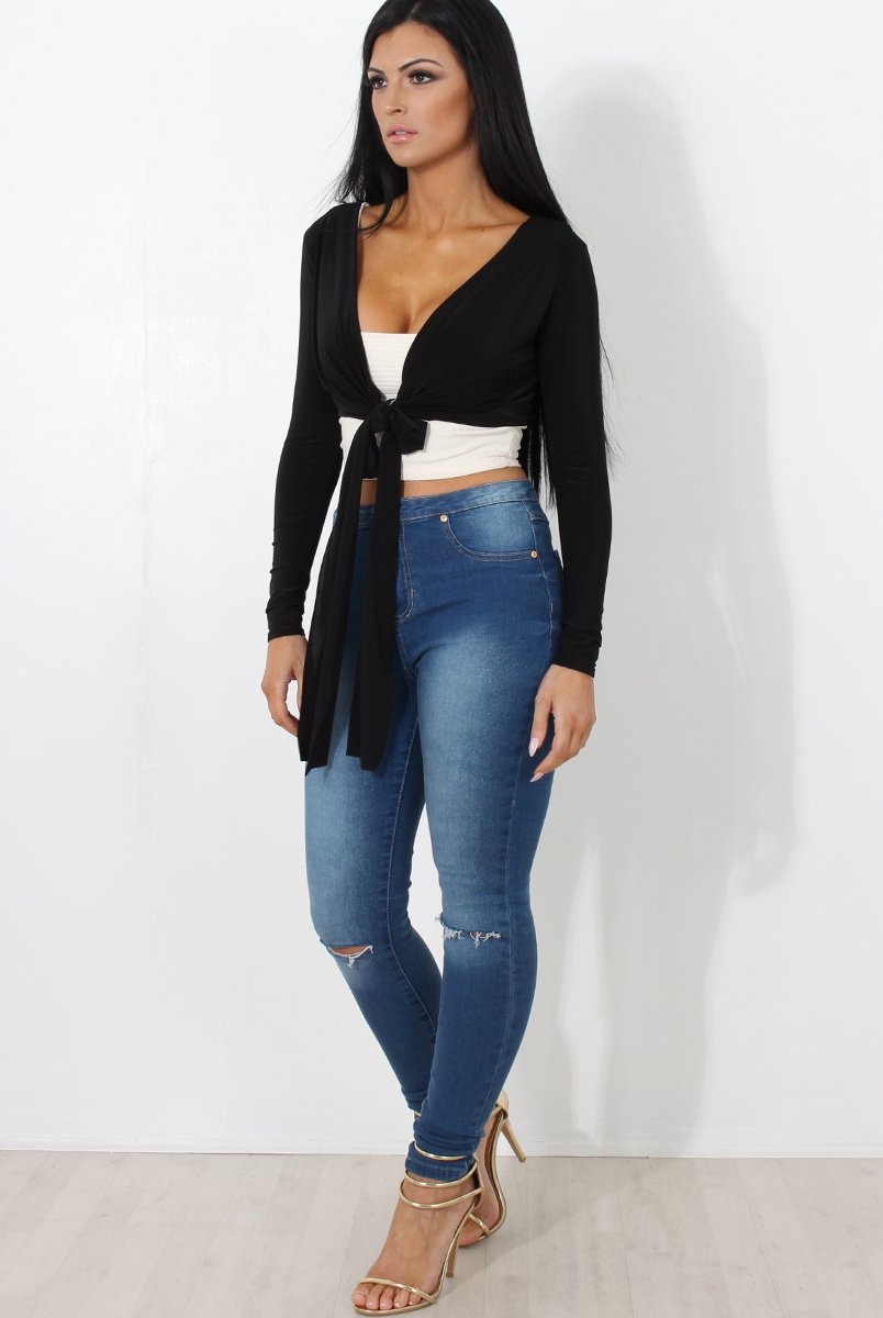 Kola Black Tie Front Crop Top-Crop Tops