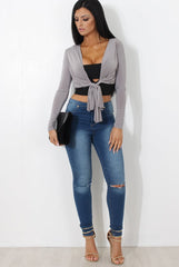 Kola Grey Tie Front Crop Top-Crop Tops