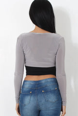 Kola Grey Tie Front Crop Top-Crop Tops