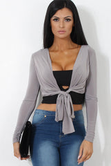 Kola Grey Tie Front Crop Top-Crop Tops