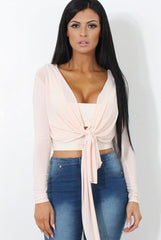 Kola Nude Tie Front Crop Top-Crop Tops