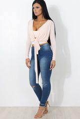 Kola Nude Tie Front Crop Top-Crop Tops