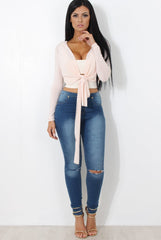 Kola Nude Tie Front Crop Top-Crop Tops