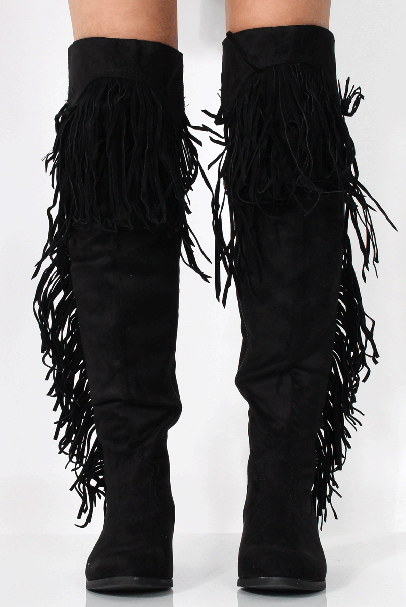 Kristen Black Tassel Knee High Boots-Boots