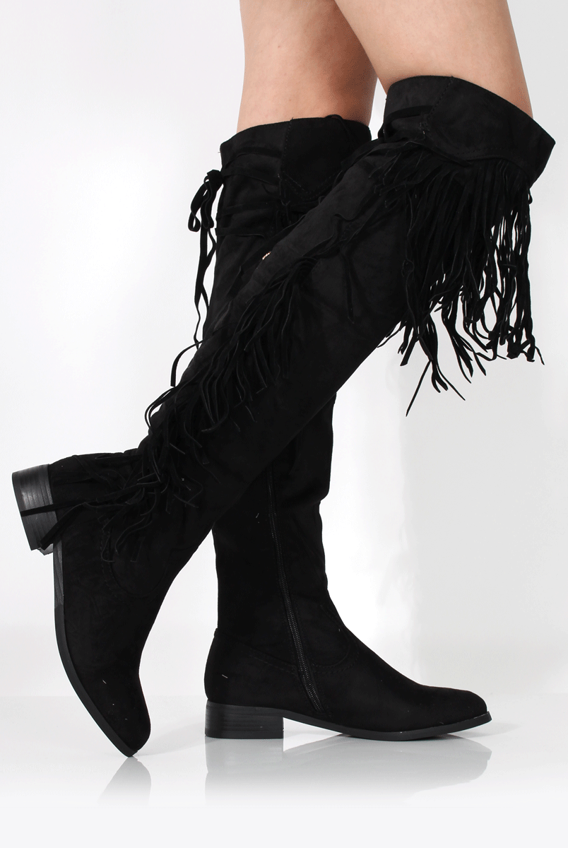 Kristen Black Tassel Knee High Boots-Boots