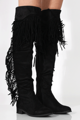 Kristen Black Tassel Knee High Boots-Boots
