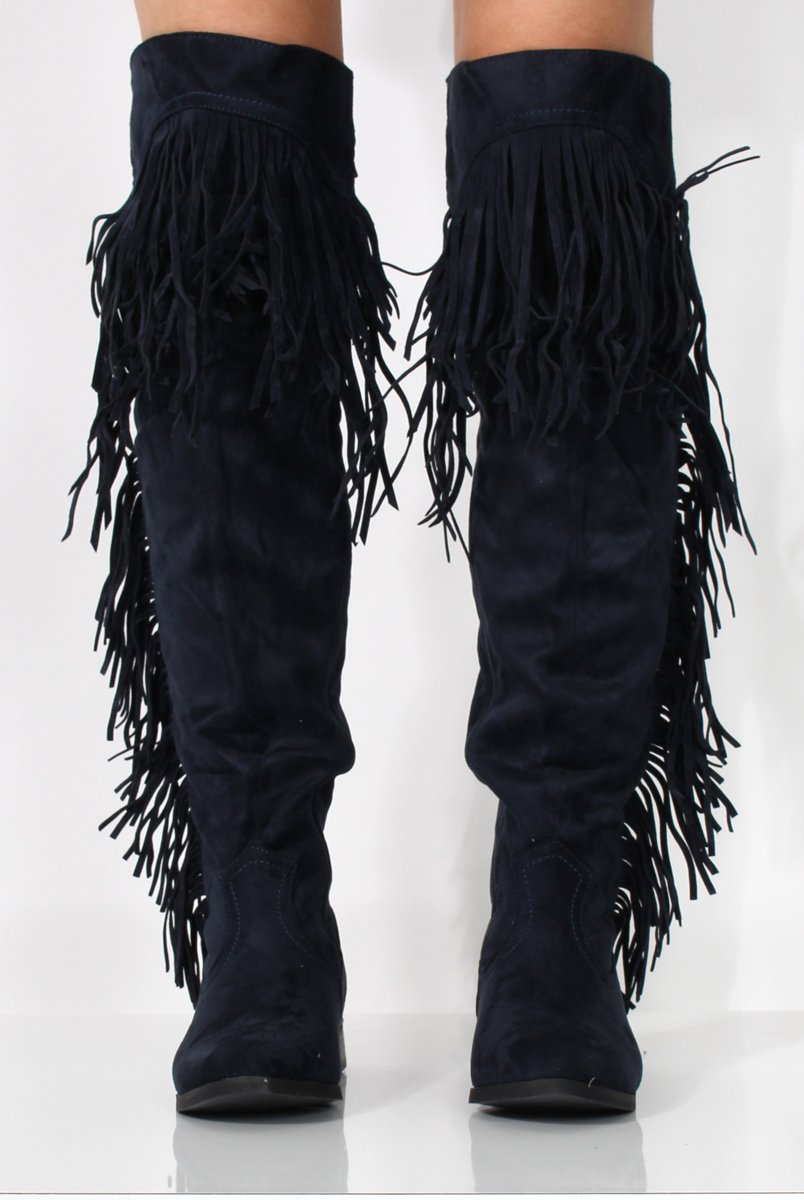 Kristen Blue Tassel Knee High Boots-Boots