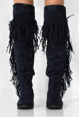 Kristen Blue Tassel Knee High Boots-Boots