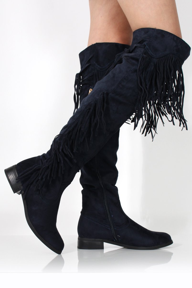 Kristen Blue Tassel Knee High Boots-Boots