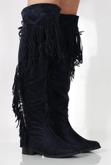 Kristen Blue Tassel Knee High Boots-Boots