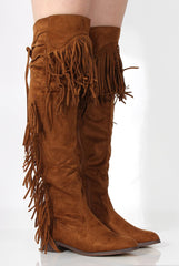Kristen Camel Tassel Knee High Boots-Boots