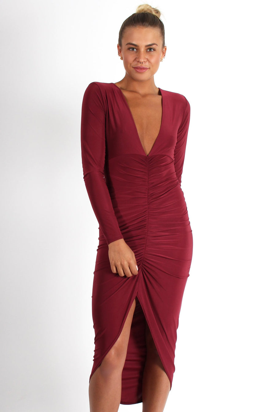 Kristen Wine Ruched Front Dress-Dresses