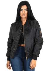 Kylie Black Zip Front Bomber Jacket-Jackets