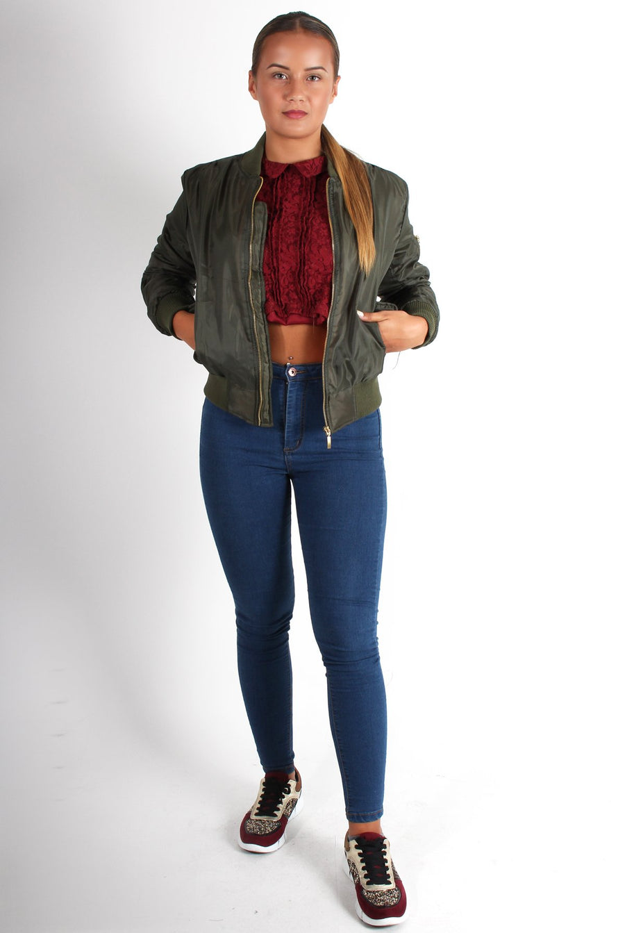 Kylie Khaki Zip Front Bomber Jacket-Jackets