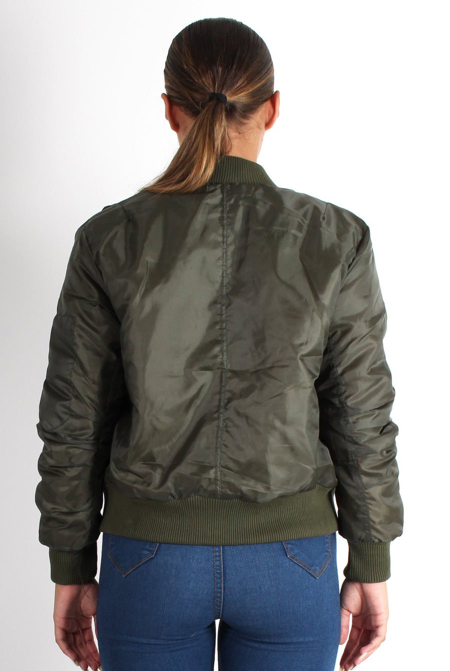 Kylie Khaki Zip Front Bomber Jacket-Jackets