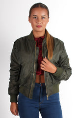 Kylie Khaki Zip Front Bomber Jacket-Jackets