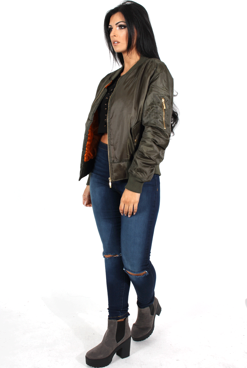 Kylie Khaki Zip Front Bomber Jacket-Jackets