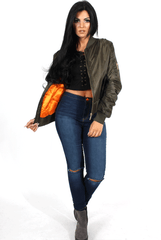 Kylie Khaki Zip Front Bomber Jacket-Jackets