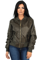 Kylie Khaki Zip Front Bomber Jacket-Jackets