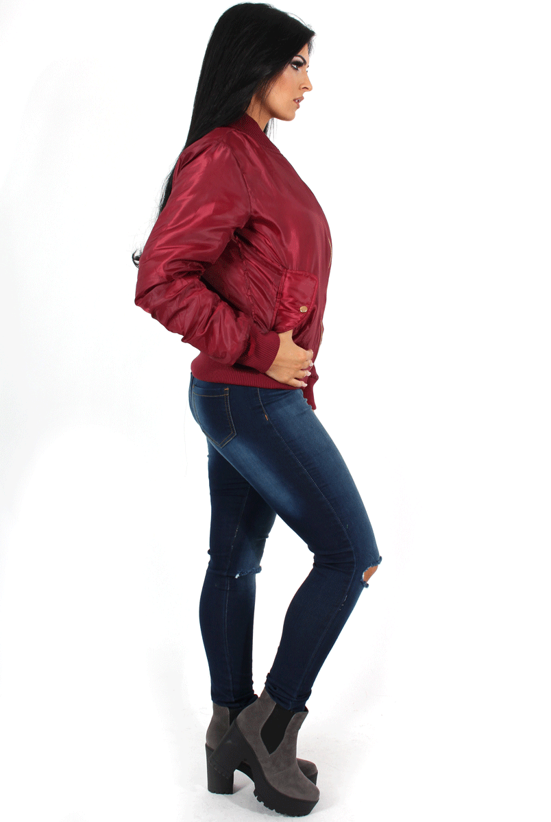 Kylie Wine Zip Front Bomber Jacket-Jackets