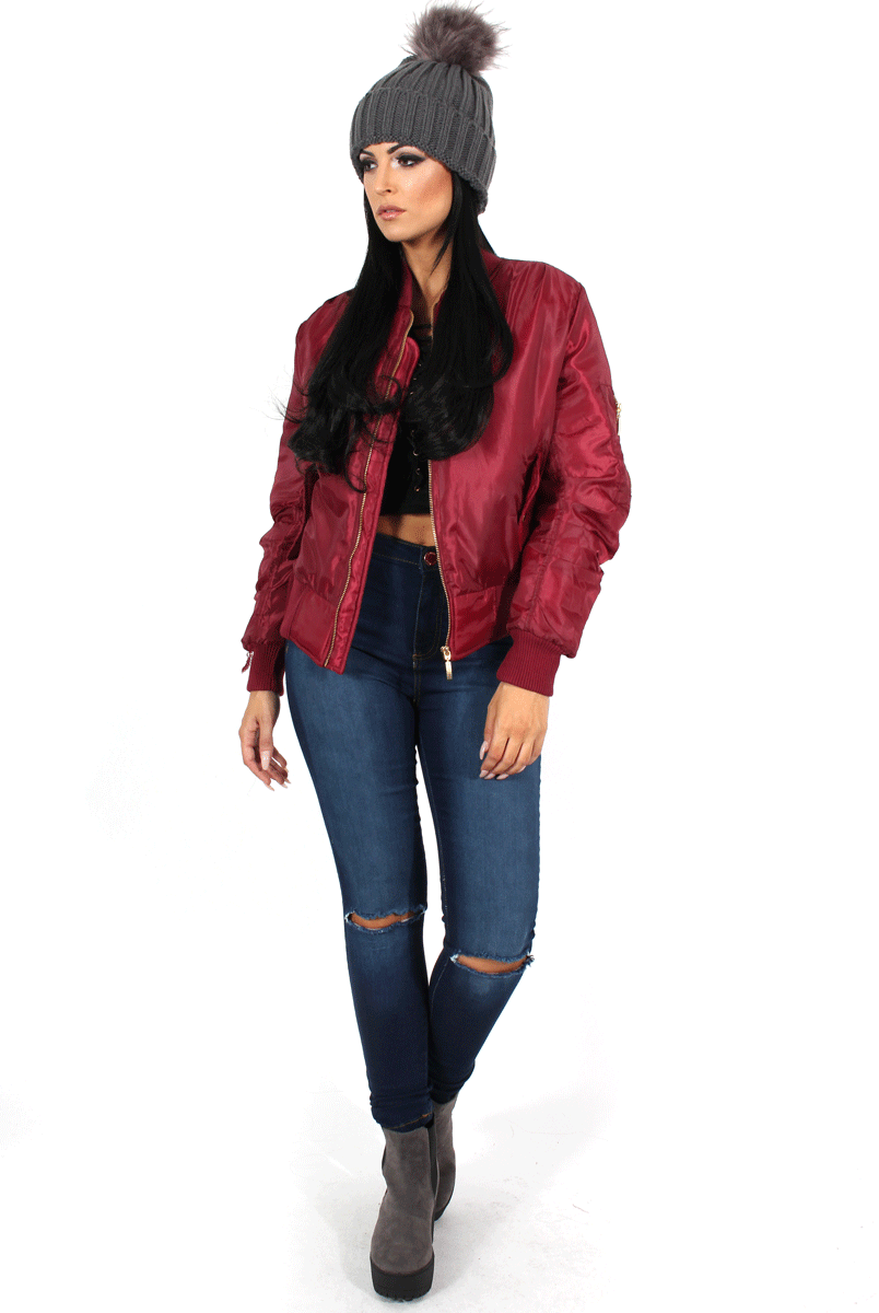 Kylie Wine Zip Front Bomber Jacket-Jackets