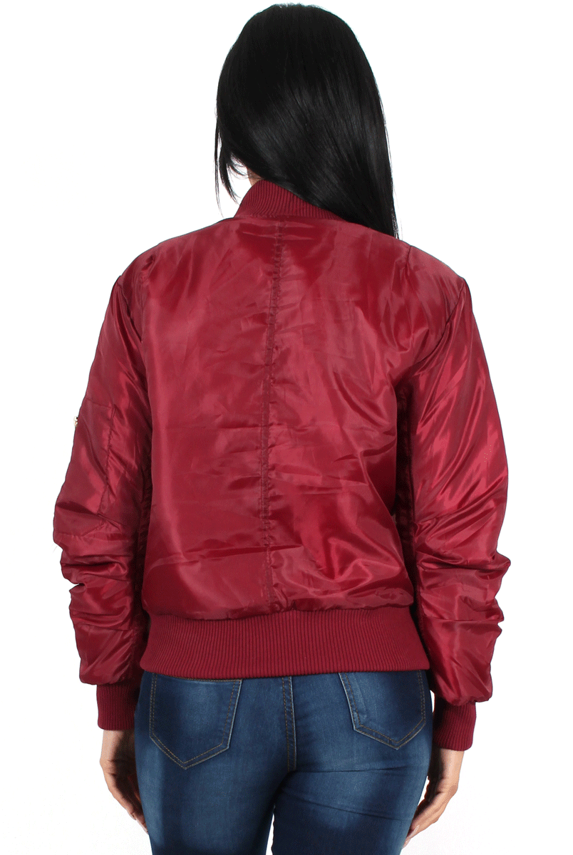 Kylie Wine Zip Front Bomber Jacket-Jackets