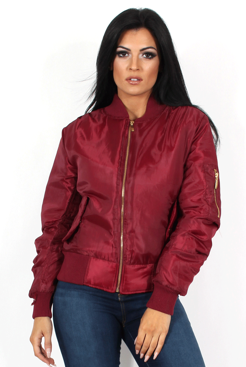 Kylie Wine Zip Front Bomber Jacket-Jackets