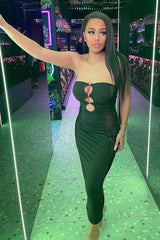 Black Jersey Mesh Panel Bandeau Midi Dress - Lexi